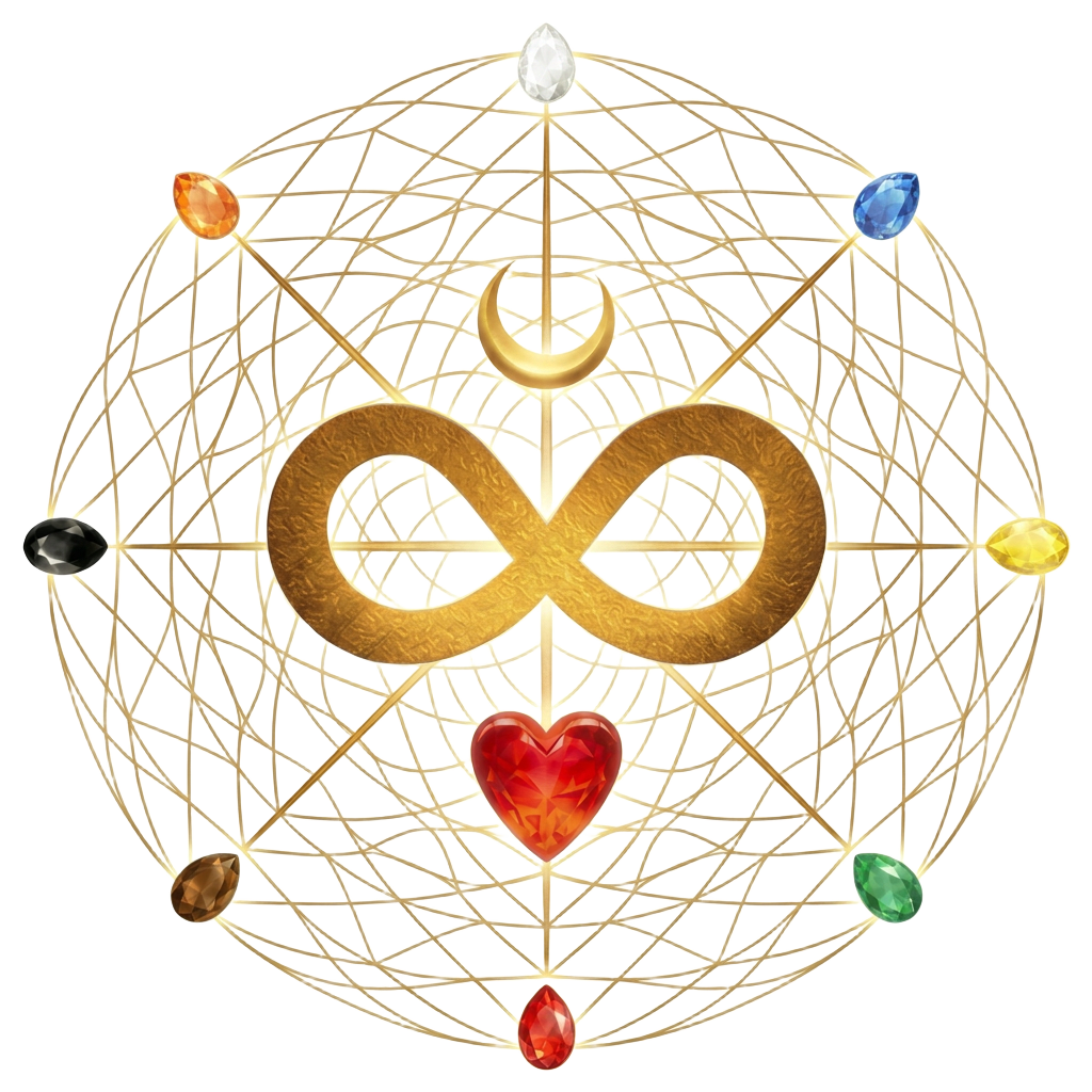 Threads of Transformation — sacred web with gold infinity and heart